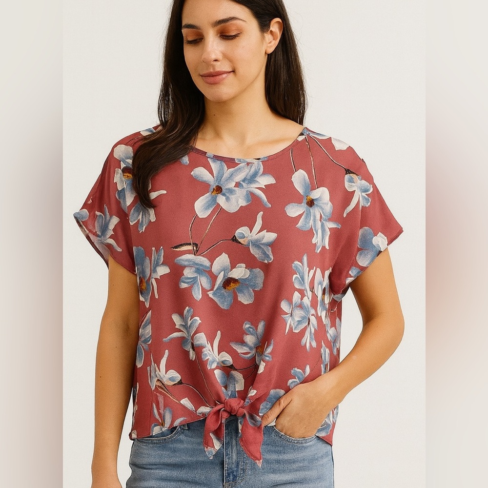 Sienna Sky Mauve Blue Floral Tie Front Blouse Women’s Large Short Sleeve